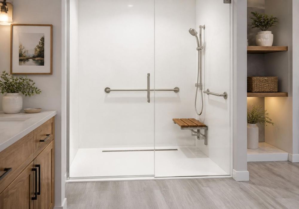 Accessible bathroom with grab bars, comfort-height toilet, and shower seat